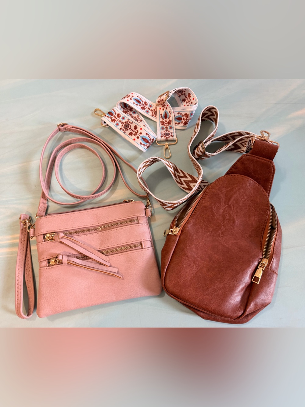 2 NEW Crossbody Pink & Brown Bag / Purses ⭐️Bonus extra Strap